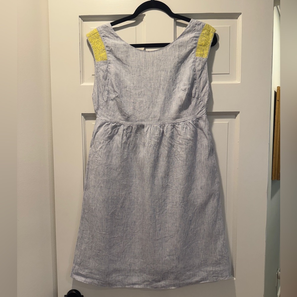 J.Crew Blue & White Linen Dress with Yellow Embroidered Straps, Pockets, size 6